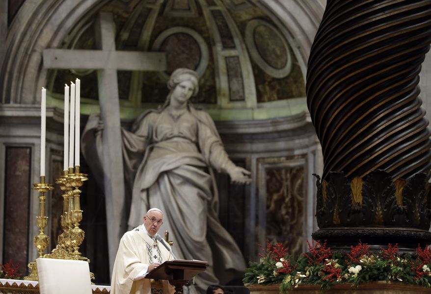 Pope Francis delivers his homily during a Mass in St. Peter's Basilica, at the Vatican, to mark Epiphany, Wednesday, Jan. 6, 2016. The Epiphany day is a joyous day for Catholics in which they recall the journey of the Three Kings, or Magi, to pay homage to Baby Jesus (AP Photo/Gregorio Borgia)
