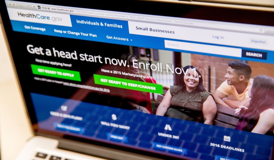 In this Oct. 6, 2015, file photo, the HealthCare.gov website, where people can buy health insurance, is displayed on a laptop screen in Washington. (AP Photo/Andrew Harnik, File)