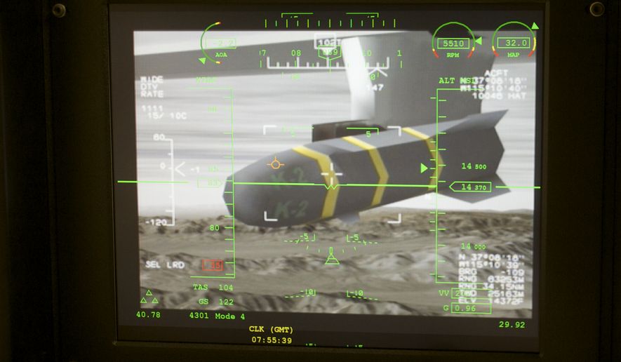 An unmanned aerial vehicle&#x27;s Predator Hellfire missile is shown on a simulator&#x27;s virtual camera at the March Air Reserve Base in Riverside County, Calif., June 25, 2008. (Associated Press)