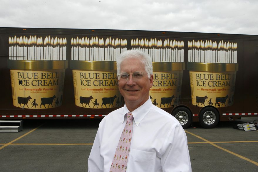 ADVANCE FOR USE SUNDAY, JAN. 10 - In this photo taken Dec. 28, 2006, Paul Kruse, CEO and President of Blue Bell Creameries, poses in front of an 18-wheel trailer truck that was part of the 100th anniversary of the creamery in Brenham, Texas.After ascending to the corner office in 2004, Paul Kruse delivered Blue Bell Creameries to its greatest height, becoming the No. 1 U.S. brand. This year, it took barely two months to undo everything. (Steve Campbell/Houston Chronicle via AP) MANDATORY CREDIT