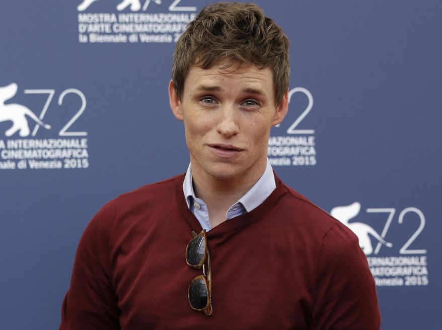 FILE - In this Saturday, Sept. 5, 2015 file photo, actor Eddie Redmayne poses during the photo call for the movie The Danish Girl at the 72nd edition of the Venice Film Festival in Venice, Italy. Cold War thriller "Bridge of Spies" and lush lesbian romance "Carol" lead nominations for the British Academy Film Awards, while Eddie Redmayne has a chance to win a second straight best-actor prize with his role as a transgender artist in “The Danish Girl.” “The Danish Girl” _ based on the life of early 20th-century transgender woman Lili Elbe _ received five nominations Friday, Jan. 8, 2016 including acting nods for Redmayne and co-star Alicia Vikander. Last year Redmayne won the same prize _ and an Oscar _ for Stephen Hawking biopic "The Theory of Everything." (AP Photo/Andrew Medichini, File)