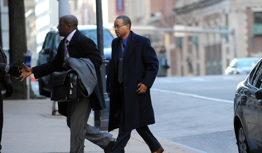 Caesar Goodson, right, arrives at Courthouse East, in Baltimore for a motions hearing ahead of the trial for Goodson, who drove the police transport van where Freddie Gray was critically injured. Prosecutors want William Porter, whose trial ended in a mistrial last month, to testify against Goodson and Sgt. Alicia White. (Kim Hairston/The Baltimore Sun via AP, File)  WASHINGTON EXAMINER OUT; MANDATORY CREDIT