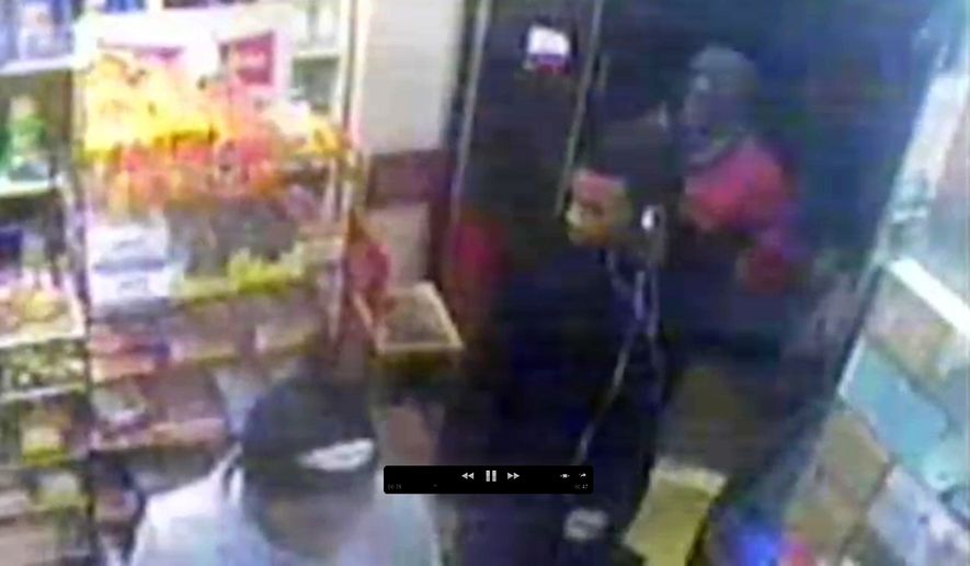 This image, made from security video from a Brooklyn bodega and provided by the New York Police Department, shows three men who are wanted by police in connection with the gang rape of an 18-year-old woman who was walking with her father at Osborn Playground. (New York Police Department via Associated Press)