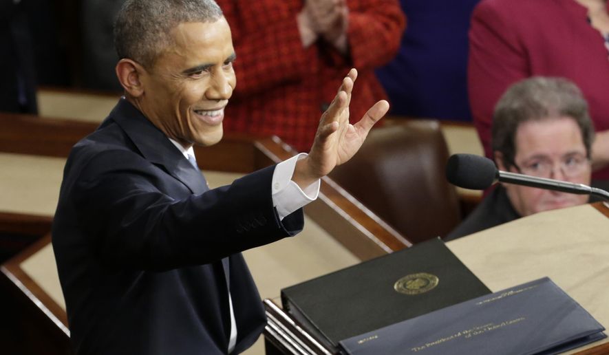 FILE - In this Jan. 20, 2015, file photo, President Barack Obama waves before giving his State of the Union address before a joint session of Congress on Capitol Hill in Washington. Obama will deliver his final State of the Union address Tuesday, Jan. 12, 2016, to a nation with a burgeoning job market, flat wages and two things that to the president's dismay are rising: global temperatures and Americans' concerns about terrorism. (AP Photo/Pablo Martinez Monsivais, File)