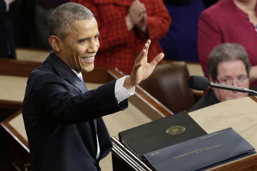 FILE - In this Jan. 20, 2015, file photo, President Barack Obama waves before giving his State of the Union address before a joint session of Congress on Capitol Hill in Washington. Obama will deliver his final State of the Union address Tuesday, Jan. 12, 2016, to a nation with a burgeoning job market, flat wages and two things that to the president&#x27;s dismay are rising: global temperatures and Americans&#x27; concerns about terrorism.  (AP Photo/Pablo Martinez Monsivais, File)