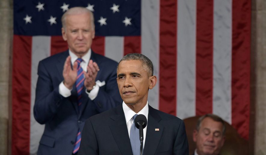 President Barack Obama delivers his State of the Union address to a joint session of Congress on Jan. 20, 2015, as Vice President Joe Biden applauds and House Speaker John Boehner of Ohio listens. (Associated Press)