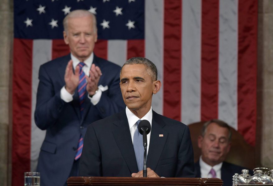 President Barack Obama delivers his State of the Union address to a joint session of Congress on Jan. 20, 2015, as Vice President Joe Biden applauds and House Speaker John Boehner of Ohio listens. (Associated Press)