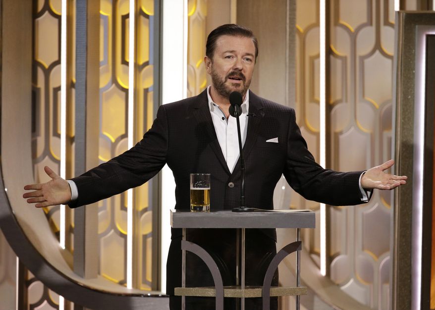 In this image released by NBC, Ricky Gervais hosts the 73rd Annual Golden Globe Awards at the Beverly Hilton Hotel in Beverly Hills, Calif., on Sunday, Jan. 10, 2016. (Paul Drinkwater/NBC via AP)