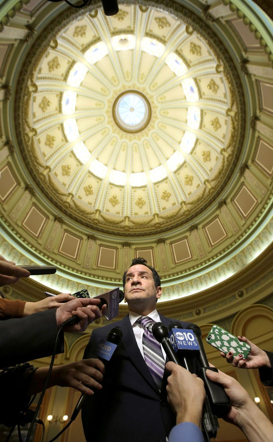 Assemblyman Anthony Rendon, D-Lakewood, meets with reporters in the rotunda of the Capitol after he was elected as the next Assembly speaker, Monday, Jan. 11, 2016, in Sacramento, Calif. Rendon will formally take over leadership of the chamber starting in March and will replace Toni Atkins, D-San Diego who is termed out. (AP Photo/Rich Pedroncelli)