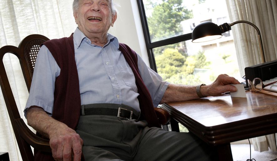 FILE - In this Wednesday April 13, 2011 file photo, Bill Del Monte smiles at his home in Greenbrae, Calif. Bill Del Monte was born shortly before the San Francisco earthquake of 1906 and was one of the youngest to survive. William A. “Bill” Del Monte died at a retirement home in Marin County Monday, Jan. 11, 2016. He was 11 days shy of his 110th birthday. (Brant Ward/San Francisco Chronicle via AP)