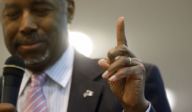 Republican presidential candidate Ben Carson gestures while speaking during a town hall at Abundant Life Ministries in Jefferson, Iowa, on Jan. 11, 2016. (Associated Press) **FILE**