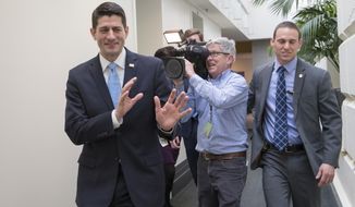 House Speaker Paul Ryan of Wis. squeezes past a TV cameraman in a narrow corridor on Capitol Hill in Washington, Tuesday, Jan. 12, 2016, on the way to a Republican leadership meeting. At a news conference later, Ryan assailed President Barack Obama&#x27;s record in office prior to his final State of the Union address before Congress tonight, where both the Senate and the House are controlled by Republicans opposed to his policies.   (AP Photo/J. Scott Applewhite)