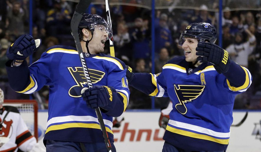 St. Louis Blues&#39; Scottie Upshall, left, is congratulated by Alexander Steen after scoring during the second period of an NHL hockey game against the New Jersey Devils, Tuesday, Jan. 12, 2016, in St. Louis. (AP Photo/Jeff Roberson)