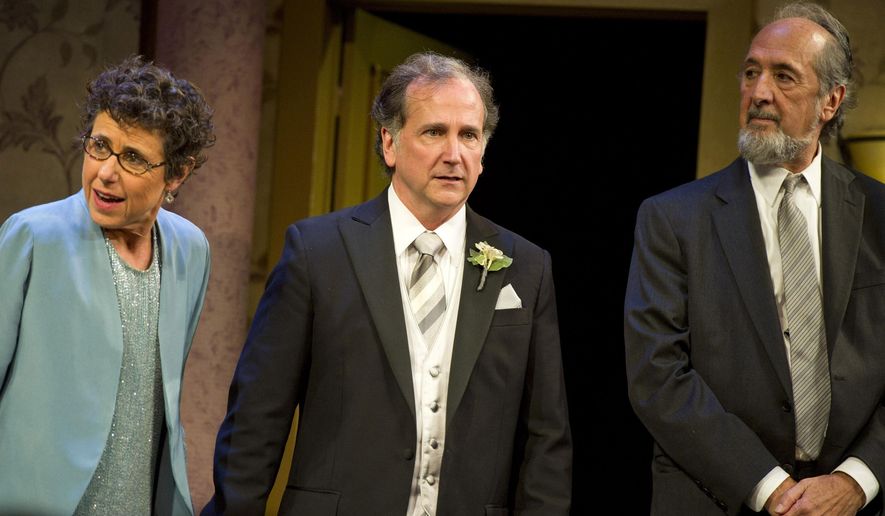 FILE - In this Oct. 20, 2011 file photo, Julie Kavner, from left, Mark Linn-Baker and Richard Libertini, lappear at the curtain call after the opening night performance of "Relatively Speaking," three one act plays by Ethan Coen, Elaine May and Woody Allen, in New York. The comedic character actor Libertini has died at age 82. Libertini's ex-wife Melinda Dillon says he died Jan. 7, 2016, after a 2-year-long battle with cancer. (AP Photo/Charles Sykes, File)