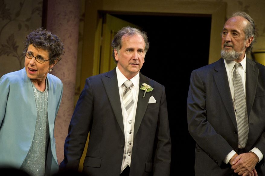 FILE - In this Oct. 20, 2011 file photo, Julie Kavner, from left, Mark Linn-Baker and Richard Libertini, lappear at the curtain call after the opening night performance of "Relatively Speaking," three one act plays by Ethan Coen, Elaine May and Woody Allen, in New York. The comedic character actor Libertini has died at age 82. Libertini's ex-wife Melinda Dillon says he died Jan. 7, 2016, after a 2-year-long battle with cancer. (AP Photo/Charles Sykes, File)