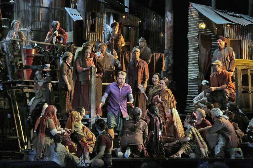 This Dec. 28, 2015 photo released by the Metropolitan Opera shows a performance of Georges Bizet's opera "Les Pecheurs de Perles" (The Pearl Fishers). The Met's HD broadcast will be shown in participating theaters starting at 1pm EST on Saturday. (Ken Howard/Metropolitan Opera via AP)