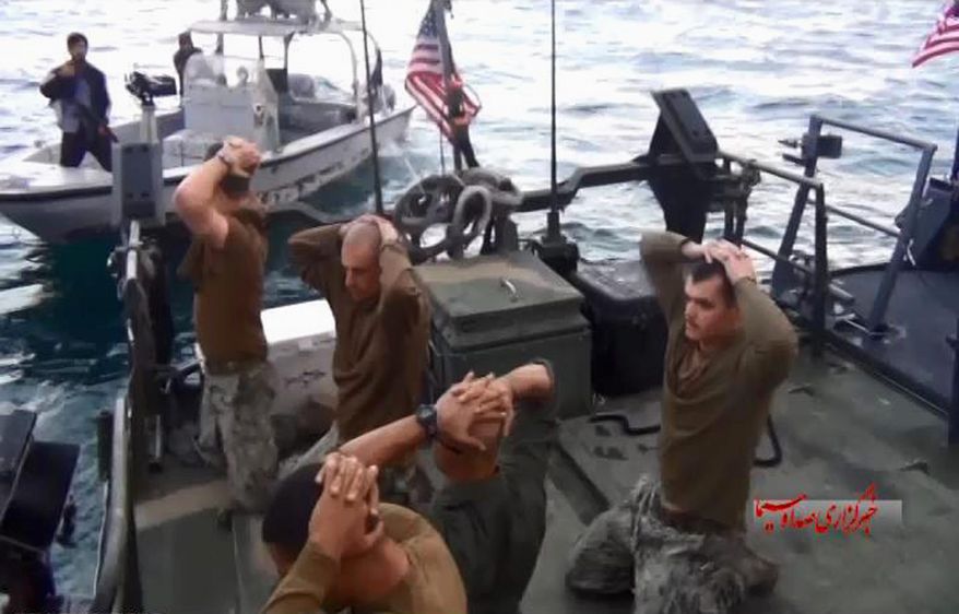 American Navy sailors were held by the Iranian Revolutionary Guards but released Wednesday. The images counter President Obama&#39;s narrative that it was diplomacy alone that returned the sailors. (Associated Press)