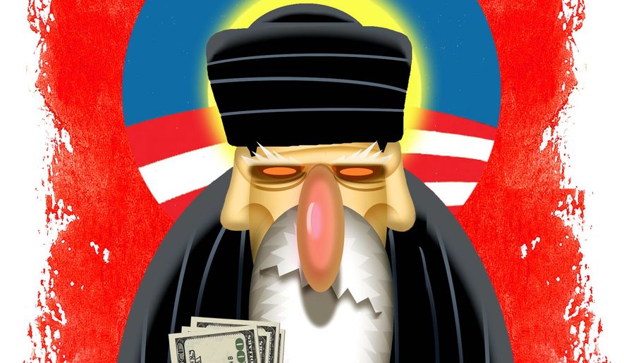 Illustration on Obama&#x27;s empowerment of Iran&#x27;s mullahs by Alexander Hunter/The Washington Times