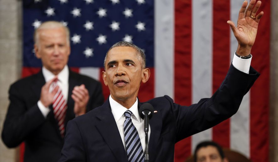 President Barack Obama waves at the conclusion of his State of the Union address to a joint session of Congress on Capitol Hill in Washington, Tuesday, Jan. 12, 2016. (AP Photo/Evan Vucci, Pool)