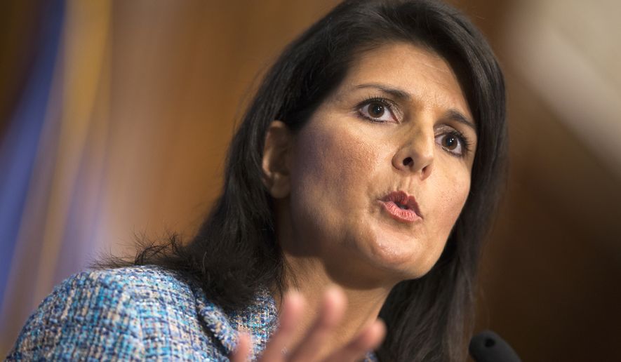 FILE - In this Sept. 2, 2015, photo. South Carolina Gov. Nikki Haley speaks at the National Press Club in Washington. Americans should resist &quot;the siren call of the angriest voices&quot; in how it treats immigrants, Haley said Jan. 12, 2016, as the GOP used its formal response to President Barack Obama&#x27;s State of the Union address to try softening the tough stance embraced by some of the GOP&#x27;s leading presidential candidates. (AP Photo/Evan Vucci)