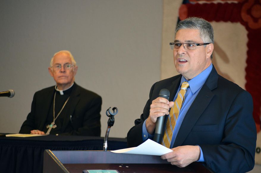 FILE - In this Nov. 13, 2015 file photo, Allen Sanchez, president and CEO of Catholic Health Initiatives St. Joseph's Children hospital, speaks during a news conference in Albuquerque, N.M. The group, that is pushing for the expansion of early childhood education, this week launched a "New Mexico Truth" campaign drawing attention to how children in the state suffer economically. Sanchez said the website is meant to parody the "New Mexico True" campaign that has been credited with boosting tourism. The state tourism department criticized the new campaign and called it an attack on the state.(AP Photo/Russell Contreras, File)