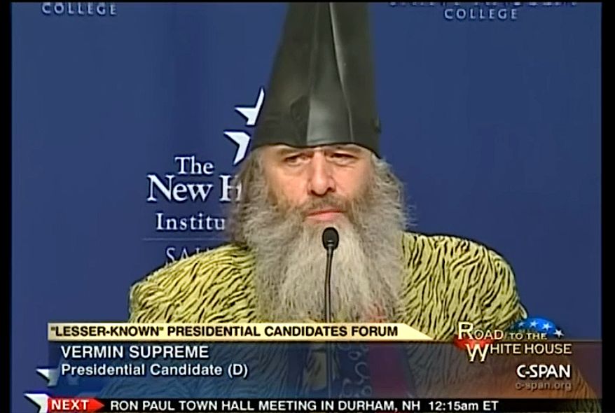 'Lesser-known' presidential hopeful Vermin Supreme is shown during a 2011 forum for other alternative candidates at the New Hampshire Institute of Politics, which was carried by C-SPAN. This year's forum takes place January 19. (Screen shot from C-SPAN)