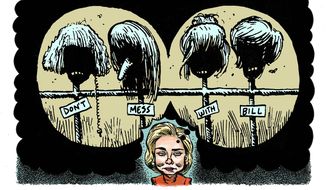 Illustration on Hillary&#39;s past suppression of &quot;Bimbo eruptions&quot; against her husband by Alexander Hunter/The Washington Times