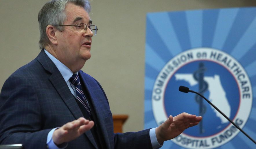 Sen. Don Gaetz, R-Niceville, speaks at Commission on Health Care and Hospital Funding meeting, Tuesday, Jan.19, 2016, in Tallahassee, Fla. (AP Photo/Steve Cannon)