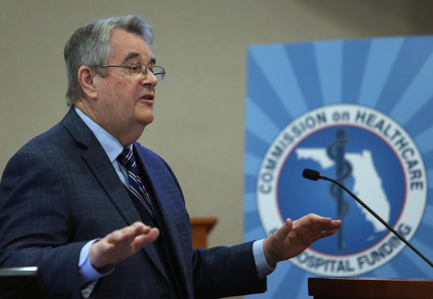 Sen. Don Gaetz, R-Niceville, speaks at Commission on Health Care and Hospital Funding meeting, Tuesday, Jan.19, 2016, in Tallahassee, Fla. (AP Photo/Steve Cannon)
