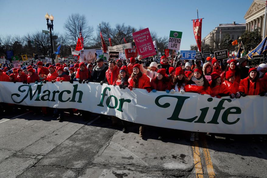 Anti-abortion demonstrators march up Constitution Avenue toward the Supreme Court in Washington, Wednesday, Jan. 22, 2014, during the annual March for Life. (AP Photo/Charles Dharapak) ** FILE **