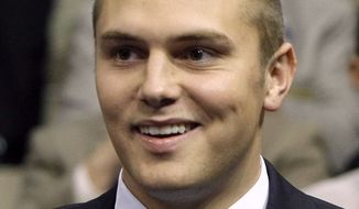 This Sept. 3, 2008, file photo shows Track Palin, son of Alaska Gov. Sarah Palin, during the Republican National Convention in St. Paul, Minn. (AP Photo/Charles Rex Arbogast, File)