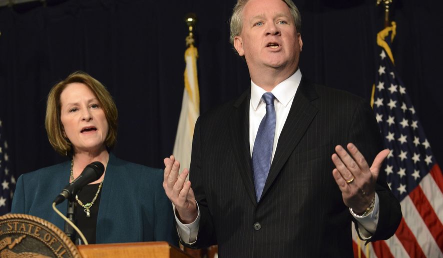 Illinois House Republican Leader Jim Durkin, right, and Senate GOP Leader Christine Radogno speak at a news conference in Chicago, Wednesday, Jan. 20, 2016, where they called for a state takeover of the financially troubled Chicago Public Schools. They said the proposed legislation would give the Illinois State Board of Education control over the nation&#39;s third-largest school district. (Brian Jackson/Chicago Sun-Times via AP) CHICAGO TRIBUNE OUT, MANDATORY CREDIT, MAGS OUT, NO SALES
