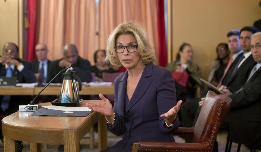 Westchester County District Attorney Janet DiFiore answers a question during a Senate judiciary hearing on her nomination as chief judge of the New York Court of Appeals at the Capitol on Wednesday, Jan. 20, 2016, in Albany, N.Y. (AP Photo/Mike Groll)