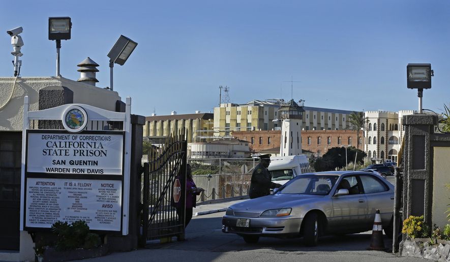 File - In this Dec. 29, 2015 file photo, a guard checks identification of a person leaving the east gate of San Quentin State Prison in San Quentin, Calif. The prison is the site of the state's lethal injection facility. Californians are preparing to decide whether to resume executions that stopped a decade ago or end them entirely. But while advocates push to put both choices before voters this year, officials overseeing the 746 condemned inmates on the nation's largest death row are moving ahead with plans to use a single lethal drug amid a nationwide shortage of execution drugs. (AP Photo/Ben Margot, File)