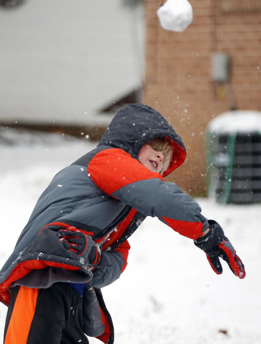 Max Hill, 8, tosses his "perfect" snowball in a neighborhood snowball fight, Friday, Jan. 22, 2016, in Oxford, Miss. Early morning snow provided plenty of fun for the children as school officials had earlier called for closure of the public schools. (AP Photo/Rogelio V. Solis)