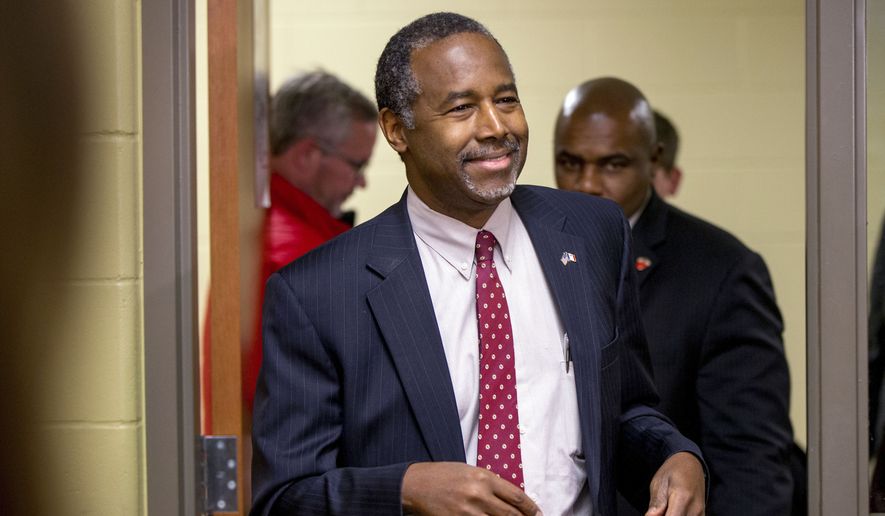 Republican presidential candidate, Dr. Ben Carson arrives to speak to members of the media after speaking at Glenwood Community High School in Glenwood, Iowa, Thursday, Jan. 21, 2016. (AP Photo/Andrew Harnik) ** FILE **