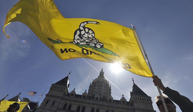 Scott Veley of Kensington, Conn. holds a Gadsden flag during a tea party protest at the Capitol in Hartford, Conn., Thursday, April 15, 2010.  (AP Photo/Jessica Hill) **FILE**