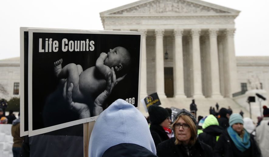 A marcher holds a sign during the March for Life 2016 in front of the U.S. Supreme Court, Friday, Jan. 22, 2016 in Washington. January 22 is the anniversary of 1973 &#39;Roe v. Wade&#39; U.S. Supreme Court decision legalizing abortion. (AP Photo/Alex Brandon) **FILE**