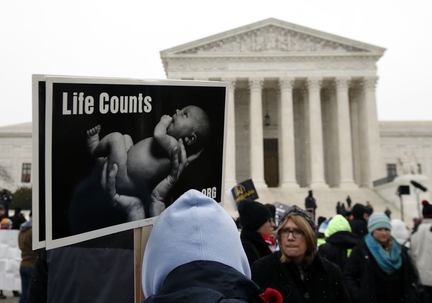 A marcher holds a sign during the March for Life 2016 in front of the U.S. Supreme Court, Friday, Jan. 22, 2016 in Washington. January 22 is the anniversary of 1973 &#39;Roe v. Wade&#39; U.S. Supreme Court decision legalizing abortion. (AP Photo/Alex Brandon) **FILE**