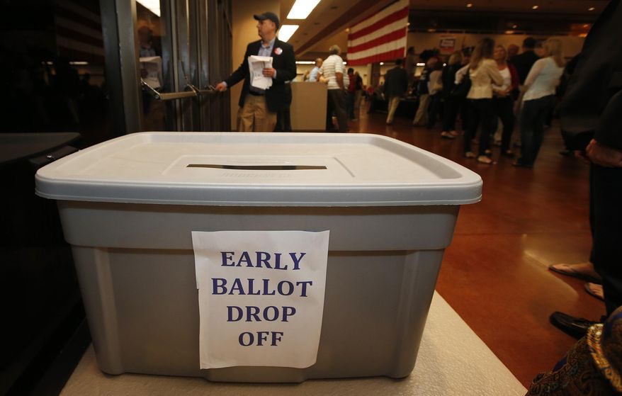 FILE - In a Thursday, Oct. 23, 2014 file photo, an early ballot voting box is stationed near the entrance doors at a campaign rally for Doug Ducey, a Republican candidate for governor, in Mesa, Ariz, where former presidential candidate Mitt Romney joined Ducey. A House Committee has passed a measure that would block voter-outreach groups from collecting and dropping off early ballots as the state prepares for the 2016 election season. (AP Photo/Ross D. Franklin, File)
