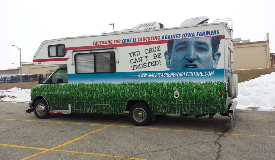 A pro-ethanol Winnebago has been shadowing Ted Cruz&#39;s appearances in Iowa to decry the candidate&#39;s stance on the alternative fuel popular with Hawkeye State farmers who grow its compounds. (S.A. Miller/The Washington Times)