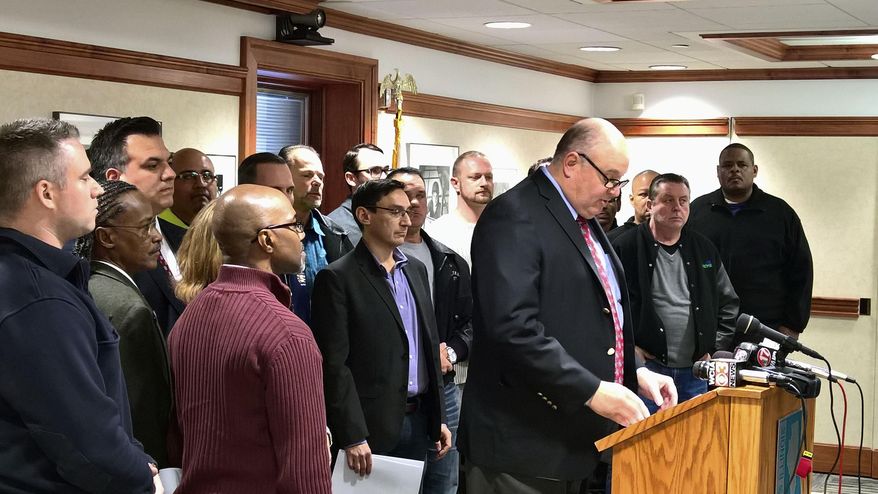 Illinois AFL-CIO President Michael Carrigan introduces union members Tuesday, Jan. 26, 2016, in Springfield, Ill., who contend that Gov. Bruce Rauner’s political agenda to curb union power would hurt working families. Speaking were a professor, a painter, a teacher, a fire fighter, a steel worker, and others. Rauner is scheduled to give his second State of the State address Wednesday while there still is no budget deal for the year that began July 1. (AP Photo/John O'Connor)