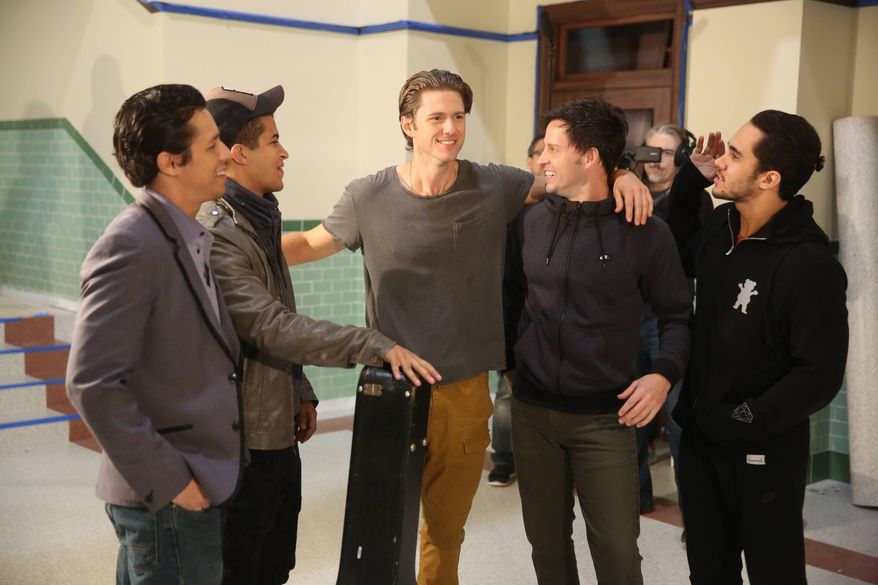This image released by Fox shows, from left, David Del Rio, Jordan Fisher, Aaron Tveit, Aaron Call, and Carlos PenaVega during a rehearsal for, "Grease:Live," airing Sunday, Jan. 31, at 7p.m. (Kevin Estrada/FOX via AP)