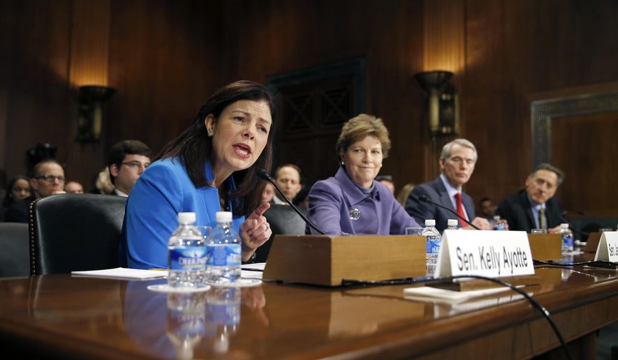 Sen. Kelly Ayotte, D-N.H., left, speaks as Sen. Jeanne Shaheen, D-N.H., Sen. Rob Portman, R-Ohio, and Gov. Peter Shumlin, D-Vt., listen during a Senate Judiciary Committee hearing on attacking America’s epidemic of heroin and prescription drug abuse, on Capitol Hill, Wednesday, Jan. 27, 2016 in Washington. (AP Photo/Alex Brandon)