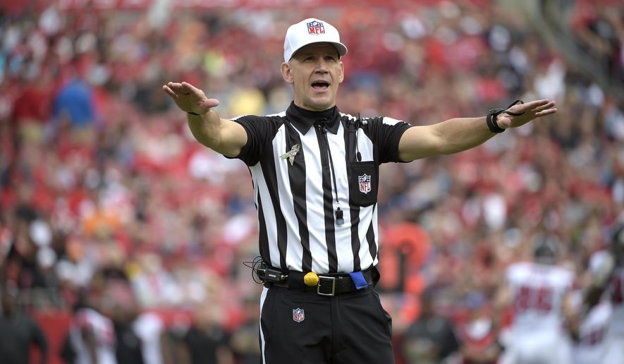 FILE - In this Sunday, Nov. 9, 2014 file photo, official Clete Blakeman calls a penalty during the first half of an NFL football game between the Tampa Bay Buccaneers and Atlanta Falcons in Tampa, Fla. The NFL announced Wednesday, Jan. 27, 2016 that eighth-year referee Clete Blakeman will work his first Super Bowl on Feb. 7 when the Carolina Panthers play the Denver Broncos at Santa Clara, California. (AP Photo/Phelan M. Ebenhack, File)