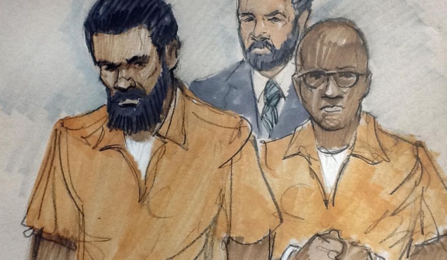 \FILE - In this March 26, 2015 file courtroom sketch, Jonas Edmonds, left, and his cousin Hasan Edmonds, right, stand in front of an FBI agent as they appear at a hearing at federal court in Chicago following their arrests on charges of conspiring with the Islamic State group. Prosecutors say the two plotted to carry out a terrorist attack in the United States. Jonas Edmonds is scheduled to be sentenced on Wednesday, Jan. 27, 2016 in Chicago. His cousin, Hasan, pleaded guilty to similar counts. He will  be sentenced later.  (AP Photo/Tom Gianni, File)