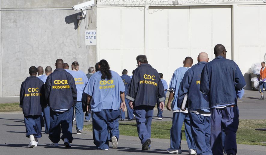 FILE - In this Feb. 26, 2013, file photo, inmates walk through the exercise yard at California State Prison Sacramento, near Folsom, Calif. Gov. Jerry Brown&#39;s latest attempt to reduce the state prison population is a ballot initiative unveiled Wednesday, Jan. 27, 2016, that aims to free certain felons earlier and have fewer juveniles tried as adults. (AP Photo/Rich Pedroncelli, File)