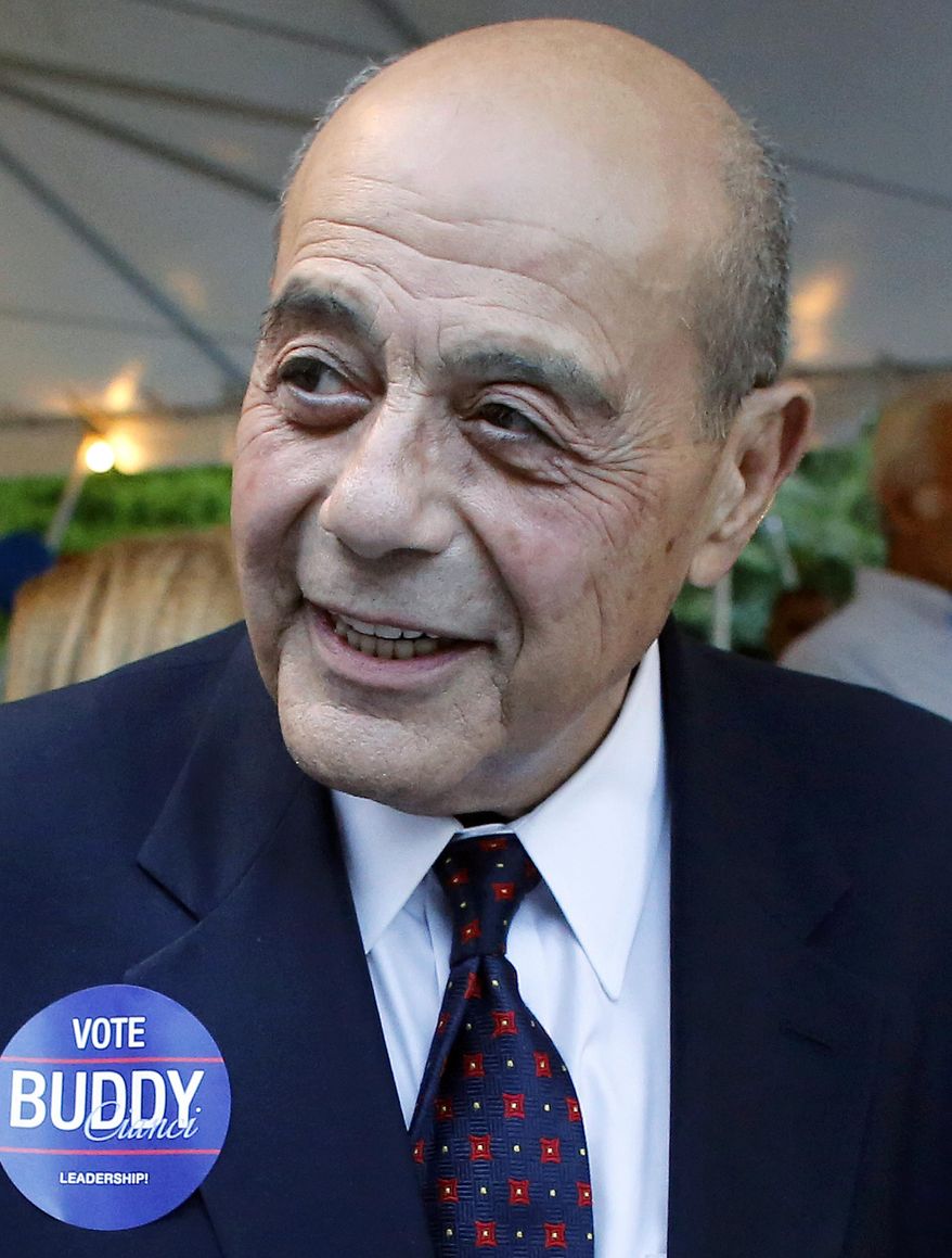 FILE - In this Sept. 10, 2014, file photo, former Providence Mayor Buddy Cianci attends a campaign fundraising event in Providence, R.I. The former mayor was hospitalized Wednesday, Jan. 27, 2016 after experiencing severe stomach pains. Cianci died Thursday, Jan. 28, in Providence. He was 74. (AP Photo/Steven Senne, File)
