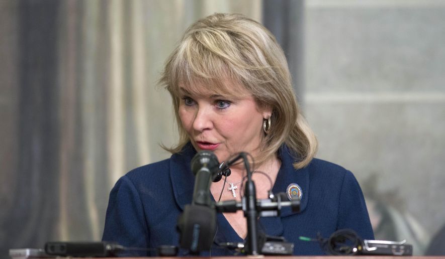 Oklahoma Gov. Mary Fallin talks to the media about the upcoming legislative session during the AP Legislative Forum at the state capital in Oklahoma City, Thursday, Jan. 28, 2016. Fallin announced she has approved the use of nearly $1.4 million from the state emergency fund to bolster the efforts of regulators and earthquake researchers in the state. (AP Photo/J Pat Carter)