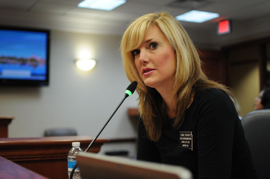 Republican Rep. Lynne DiSanto testifies on Thursday, Jan. 28, 2016, in a state House committee at the Capitol in Pierre, S.D. DiSanto&#x27;s proposal to require adult welfare applicants under age 65 to pass drug tests before receiving food stamps or cash assistance was shot down. (AP Photo/James Nord)
